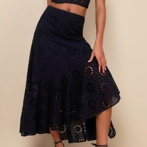 Lulus Flirty Praise Black Eyelet Asymmetrical Tiered Midi Skirt (S)